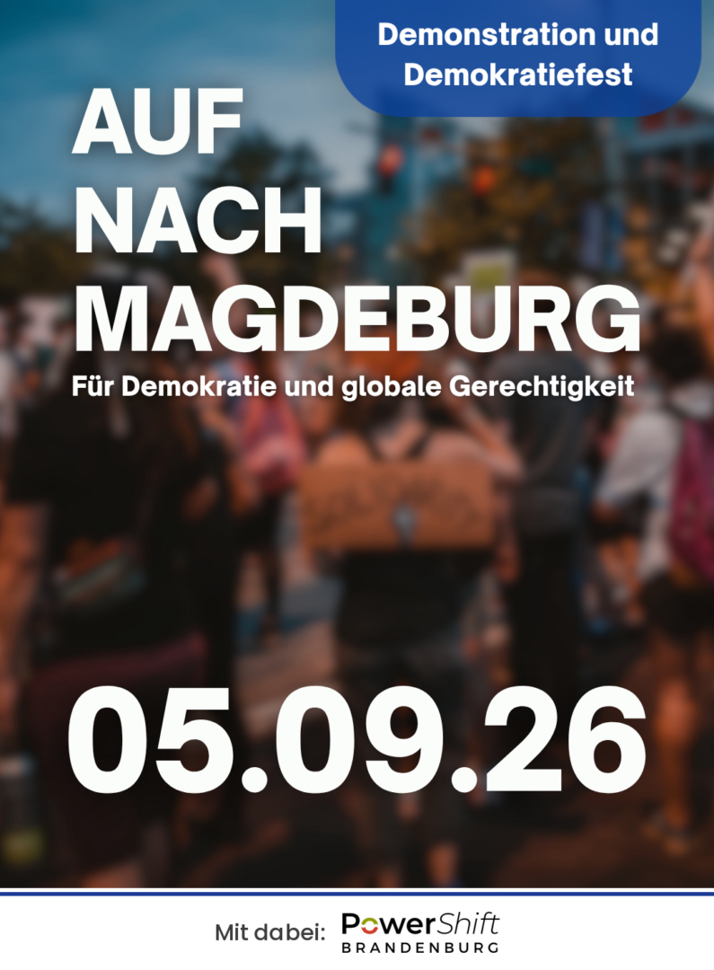 Sharepic „Auf nach Magdeburg“: Demonstration und Demokratiefest am 05.09.26 für Demokratie und globale Gerechtigkeit