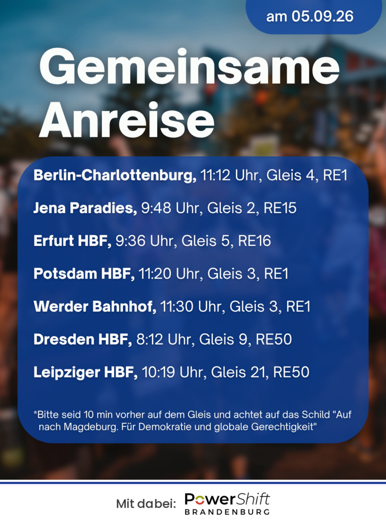 Sharepic „Gemeinsame Anreise“ am 05.09.26 mit Abfahrtszeiten aus Berlin-Charlottenburg, Jena Paradies, Erfurt, Potsdam, Werder, Dresden und Leipzig