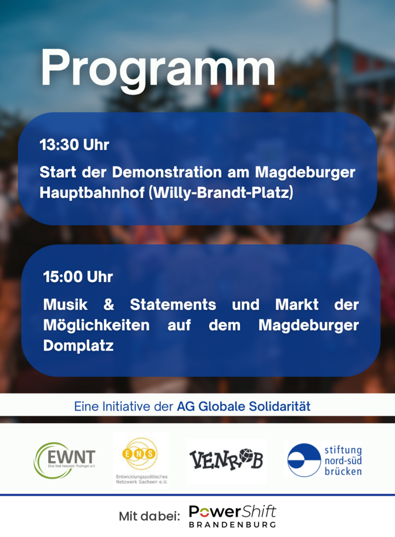 Sharepic „Programm“ am 05.09.26: 13:30 Uhr Start der Demonstration am Magdeburger Hauptbahnhof, 15:00 Uhr Musik, Statements und Markt der Möglichkeiten auf dem Domplatz
